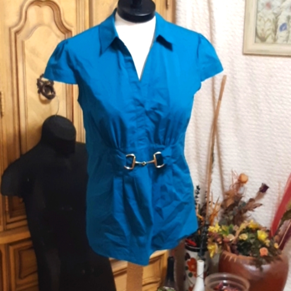 Womens APT 9 teal blouse sz M B4 shortsleeve fitted waist accent shirt top